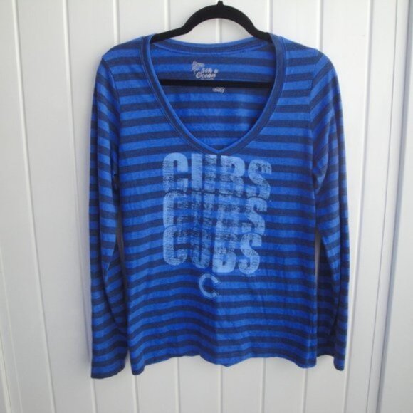 Chicago CUBS Tee Shirt XL Women's Tee Blue Striped Knit Da Cubbies - Picture 1 of 4